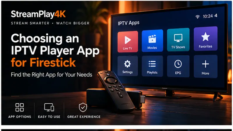 Generic IPTV player app selection screen displayed on a television beside a streaming device and remote.