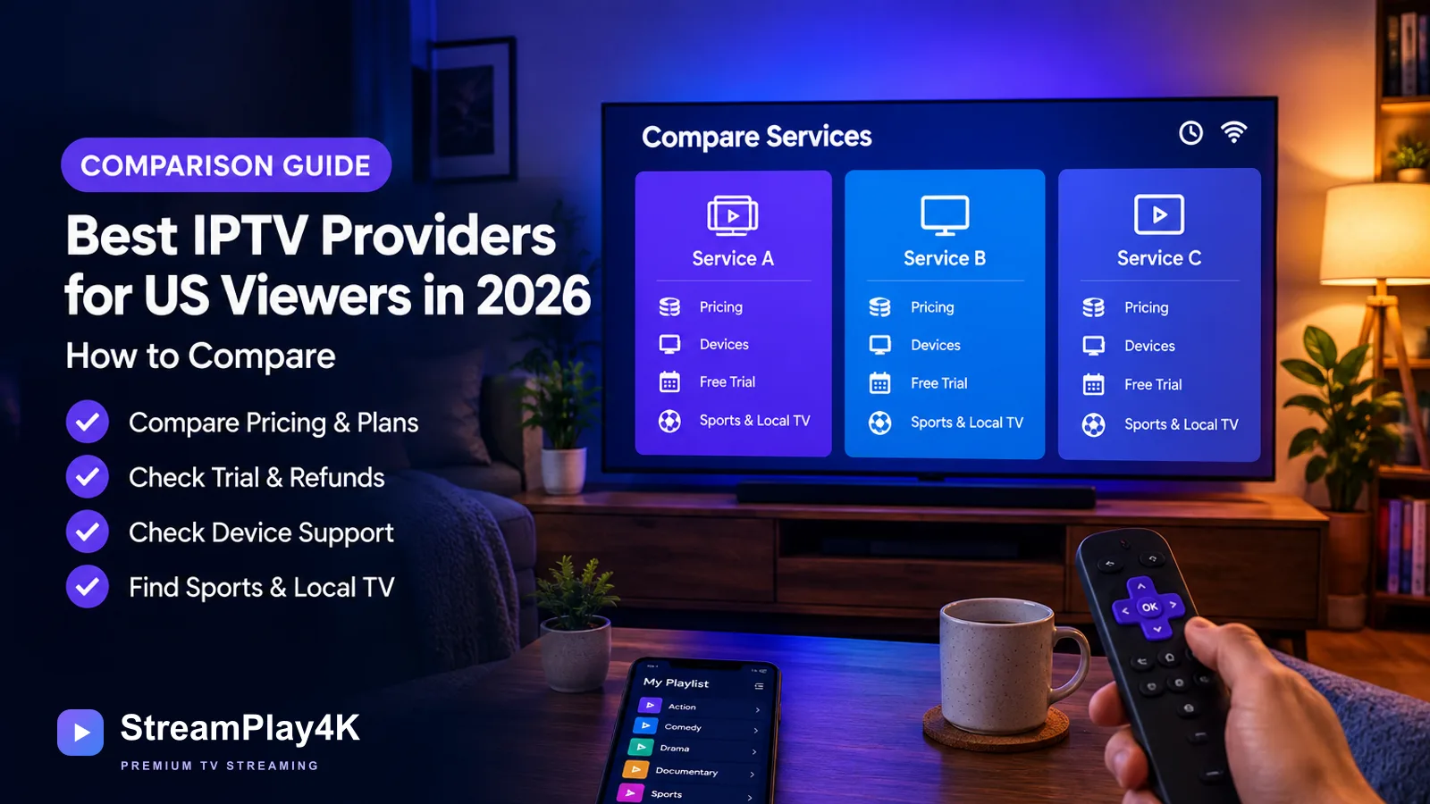 Television and laptop displaying generic streaming options and a provider comparison checklist
