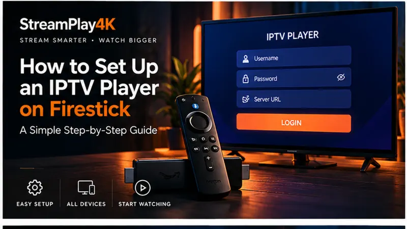 Dark streaming setup illustration showing a generic IPTV player login screen with a streaming device and remote.