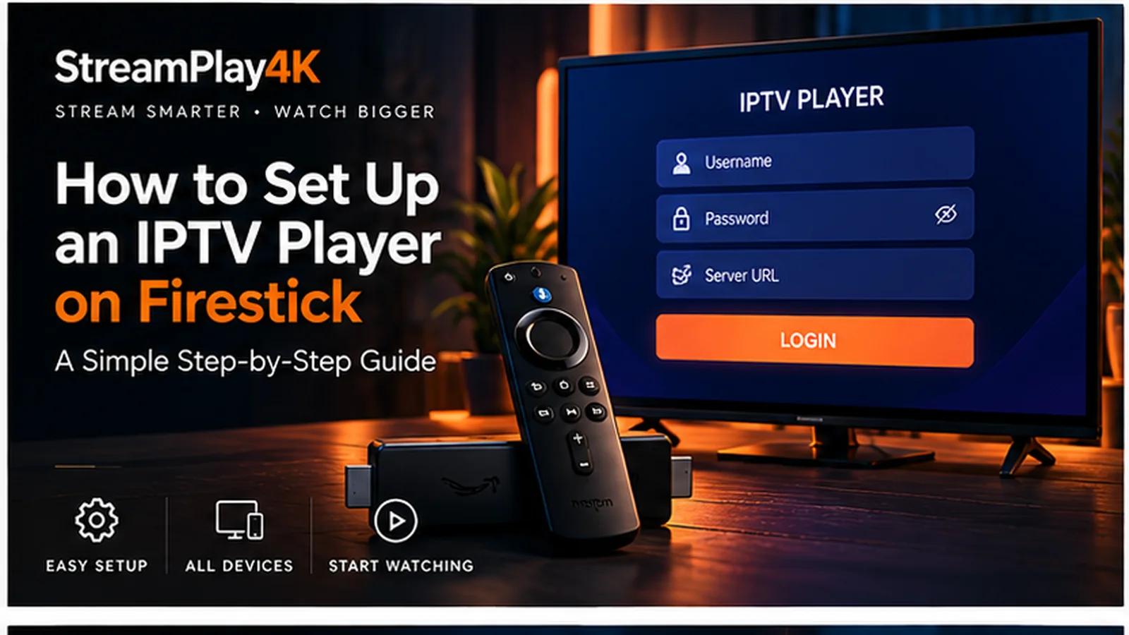Dark streaming setup illustration showing a generic IPTV player login screen with a streaming device and remote.