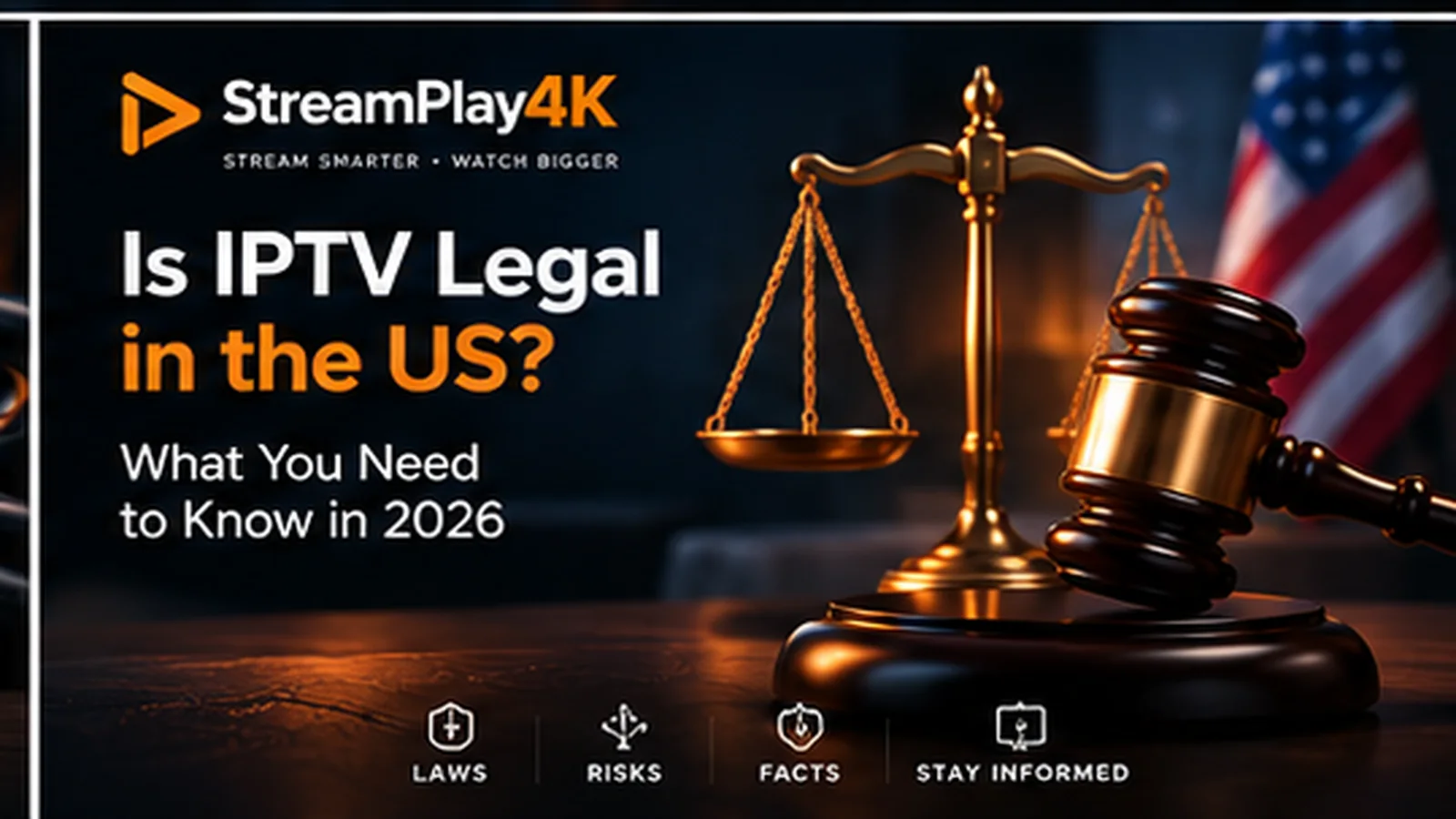 Legal-themed streaming illustration with scales of justice, a gavel, and a U.S. flag.