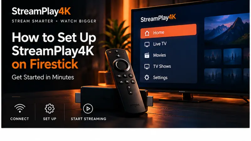 StreamPlay4K setup screen on a television beside a generic streaming device and remote.