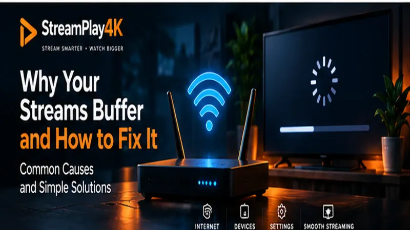 Wi-Fi router beside a television showing a buffering indicator in a dark living room.
