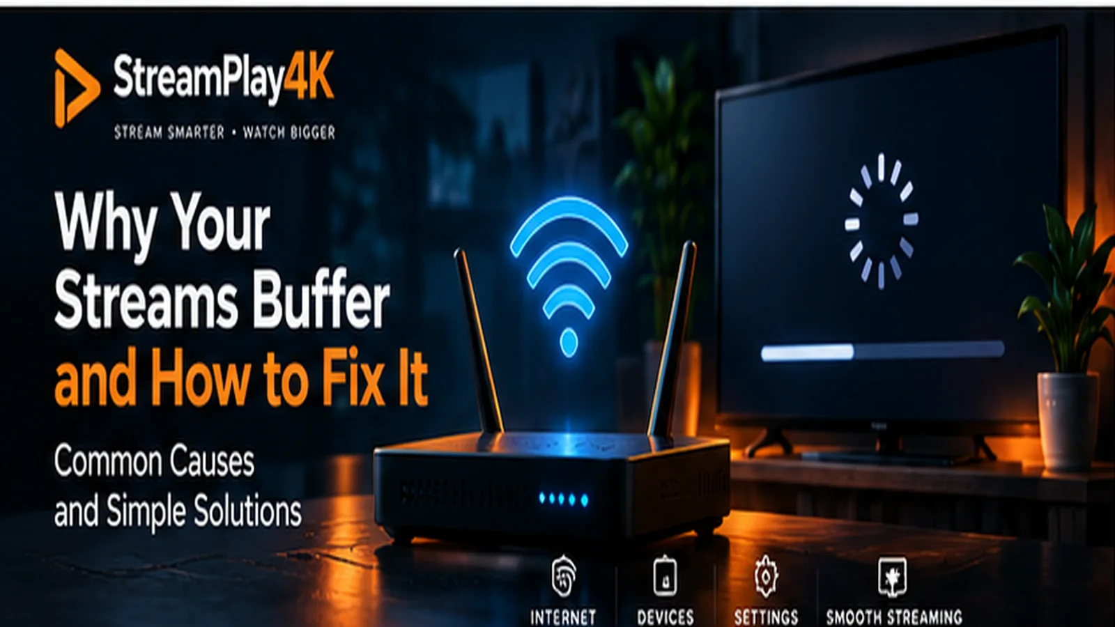 Wi-Fi router beside a television showing a buffering indicator in a dark living room.