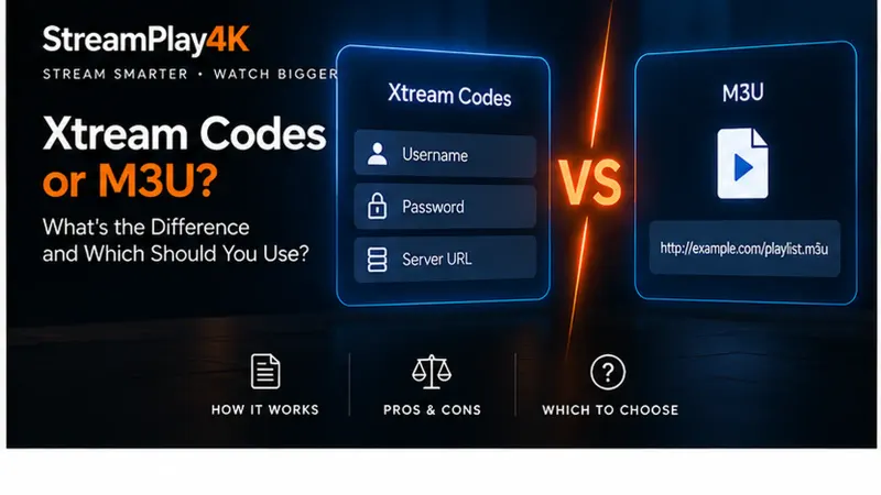 Side-by-side comparison of Xtream Codes login fields and an M3U playlist URL.