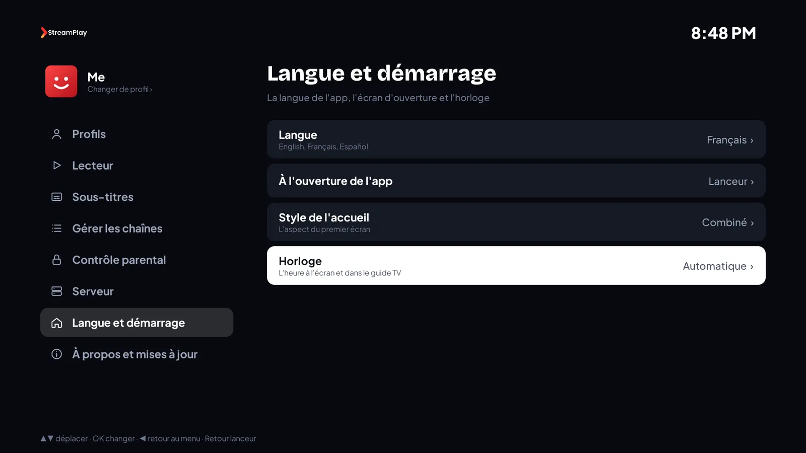 The StreamPlay4K settings page in French