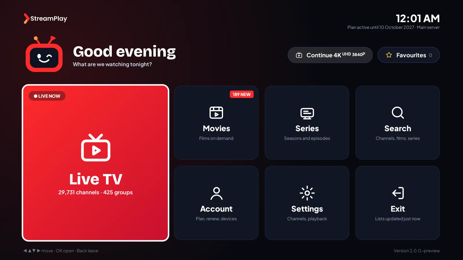 The StreamPlay4K app home screen on a TV