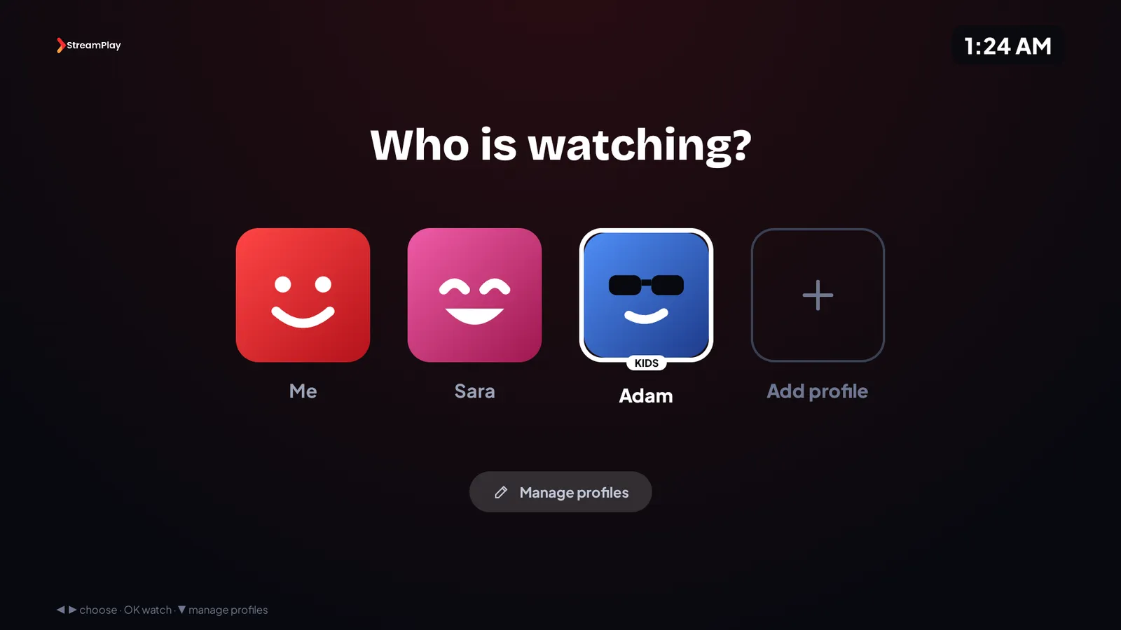 The Who is watching screen of the StreamPlay4K app with four profiles