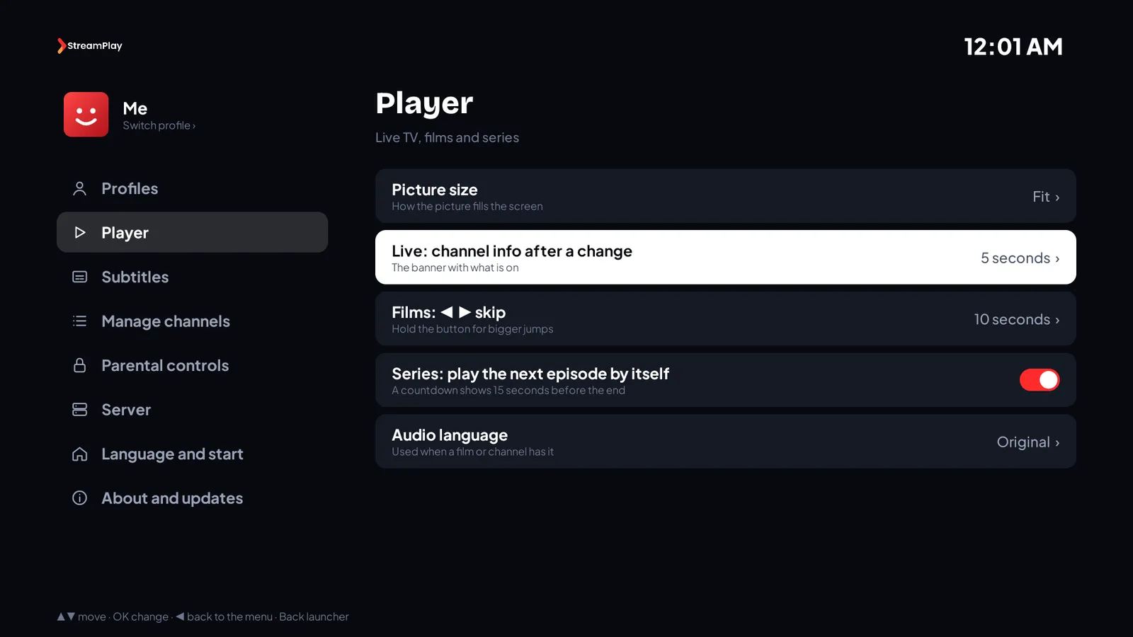 The Player settings of the StreamPlay4K app