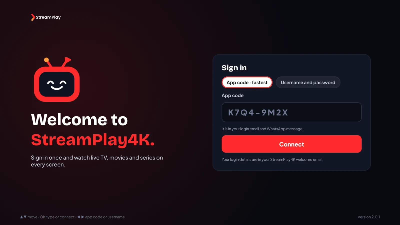 The StreamPlay4K sign-in screen
